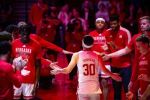 Nebraska Cornhusker guard Keisei Tominaga (30) intrduced before taking on the South Carolina State Bulldogs during a college basketball game on Friday, December 29, 2023, in Lincoln, Nebraska. Photo by John S. Peterson.