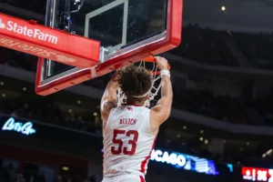 Nebraska Cornhusker forward Josiah Allick (53) makes a dunk against the South Carolina State Bulldogs in the first half during a college basketball game on Friday, December 29, 2023, in Lincoln, Nebraska. Photo by John S. Peterson.