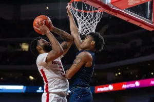 Nebraska Cornhusker guard Brice Williams (3) makes layup against the South Carolina State Bulldogs in the first half during a college basketball game on Friday, December 29, 2023, in Lincoln, Nebraska. Photo by John S. Peterson.