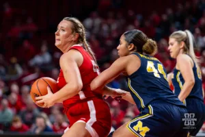 Nebraska Cornhusker center Alexis Markowski (40) ready to put up a lay up against Michigan Wolverine forward Cameron Williams (44) in the second half during a college basketball game on Wednesday, January 17, 2024, in Lincoln, Nebraska. Photo by John S. Peterson.
