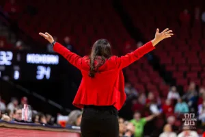 Nebraska Cornhusker head coach Amy Williams reacts to the action on the court against the Michigan Wolverines during a college basketball game on Wednesday, January 17, 2024, in Lincoln, Nebraska. Photo by John S. Peterson.