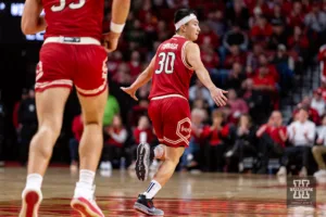 Nebraska Cornhusker guard Keisei Tominaga (30) celebrates a layup against the Northwestern Wildcats in the first half during a college basketball game on Saturday, January 20, 2024, in Lincoln, Nebraska. Photo by John S. Peterson.