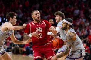 Nebraska Cornhusker guard C.J. Wilcher (0) looses control of the ball against Northwestern Wildcat guard Boo Buie (0) in the second half during a college basketball game on Saturday, January 20, 2024, in Lincoln, Nebraska. Photo by John S. Peterson.