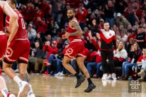Nebraska Cornhusker guard Brice Williams (3) runs back down court after making a basket against the Northwestern Wildcats in the second half during a college basketball game on Saturday, January 20, 2024, in Lincoln, Nebraska. Photo by John S. Peterson.