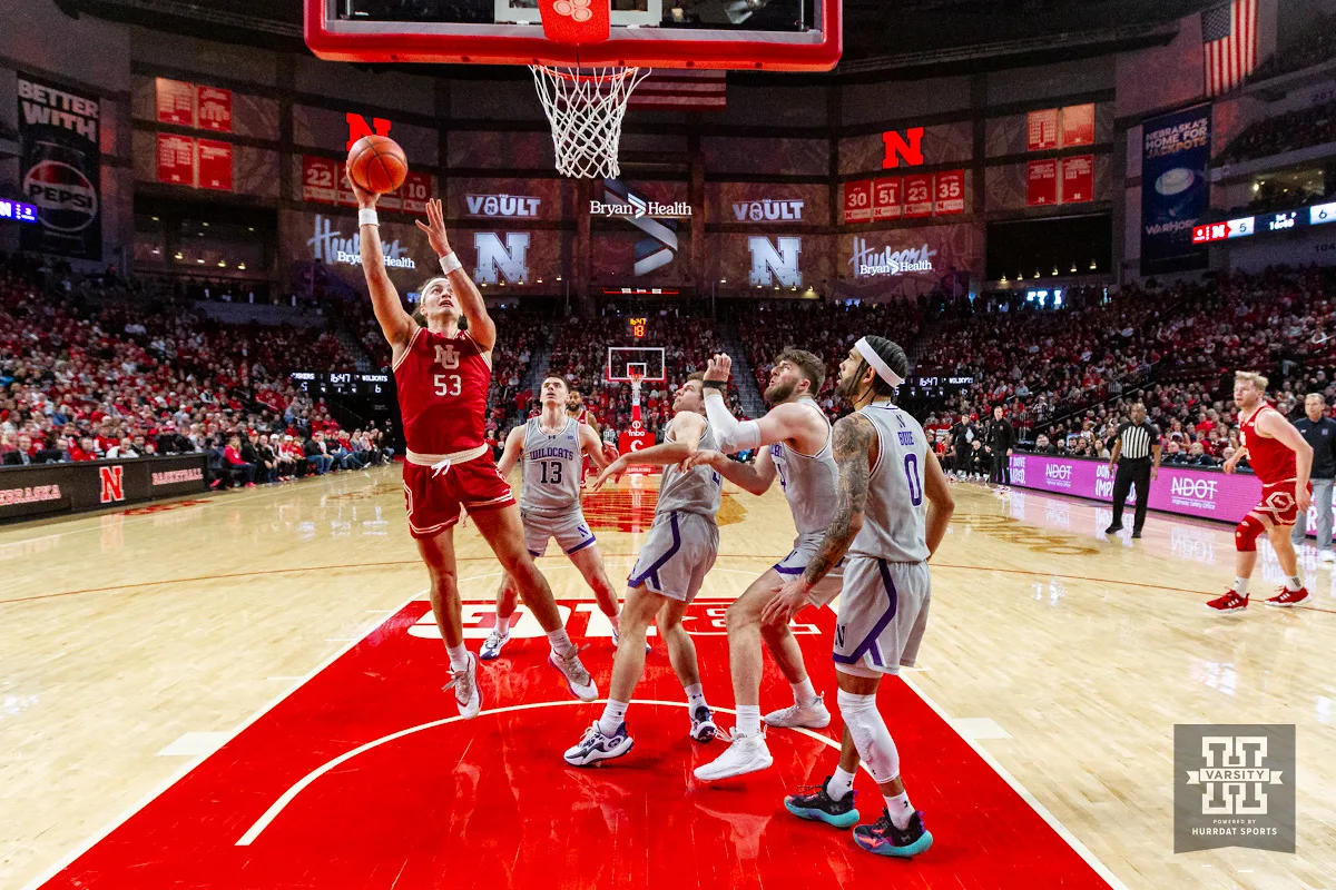 Nebraska Cornhusker forward Josiah Allick (53) makes a lay up against the Northwestern Wildcats in the first half during a college basketball game on Saturday, January 20, 2024, in Lincoln, Nebraska. Photo by John S. Peterson.