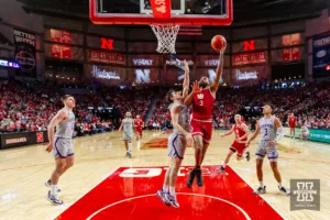 Nebraska Cornhusker guard Brice Williams (3) makes a lay up against the Northwestern Wildcats in the first half during a college basketball game on Saturday, January 20, 2024, in Lincoln, Nebraska. Photo by John S. Peterson.