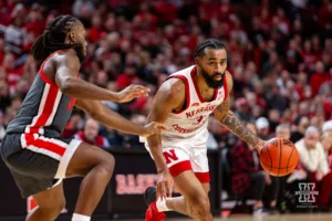 Nebraska Cornhusker guard Brice Williams (3)dribbles the ball against the Ohio State Buckeyes in the first half during a college basketball game on Tuesday, January 23, 2024, in Lincoln, Nebraska. Photo by John S. Peterson.