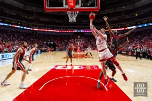 Nebraska Cornhusker forward Rienk Mast (51) makes a lay up against the Ohio State Buckeyes in the second half during a college basketball game on Tuesday, January 23, 2024, in Lincoln, Nebraska. Photo by John S. Peterson.