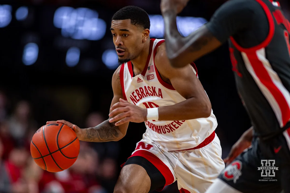 Nebraska Cornhusker guard Jamarques Lawrence (10) dribbles the ball down the court against the Ohio State Buckeyes in the first half during a college basketball game on Tuesday, January 23, 2024, in Lincoln, Nebraska. Photo by John S. Peterson.
