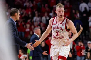 Nebraska Cornhusker forward Rienk Mast (51) comes off the court at the end of the game after 34 points and 10 rebounds against the Ohio State Buckeyes during a college basketball game on Tuesday, January 23, 2024, in Lincoln, Nebraska. Photo by John S. Peterson.