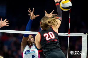 Omaha Supernovas Bethania De La Cruz (18) defends against Atlanta Vibe Grace Cleveland (20) during the first professional volleyball match in the United States on Wednesday, January 24, 2024, in Omaha, Nebraska. Photo by John S. Peterson.