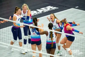 Omaha Supernovas celebrates a point against the Atlanta Vibe during the first professional volleyball match in the United States on Wednesday, January 24, 2024, in Omaha, Nebraska. Photo by John S. Peterson.