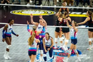 Omaha Supernovas celebrate a point against the Atlanta Vibe during the first professional volleyball match in the United States on Wednesday, January 24, 2024, in Omaha, Nebraska. Photo by John S. Peterson.