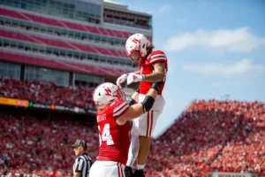 Nebraska Cornhuskers Billy Kemp IV (1) celebrates a touch down with Bryce Benhart (54) in the first quarte against the Louisiana Tech during a college football game in Lincoln, Nebraska, Saturday, September 23, 2023. Photo by John Peterson.