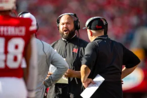 Nebraska Cornhuskers offensive line coach Donovan Raiola talk to head coach Matt Rhule against the Louisiana Tech during a college football game in Lincoln, Nebraska, Saturday, September 23, 2023. Photo by John Peterson.