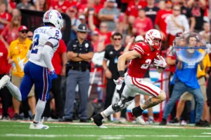 Nebraska Cornhuskers Thomas Fidone II (24) runs for a a touchdown against Louisiana Tech in the second half during a college football game in Lincoln, Nebraska, Saturday, September 23, 2023. Photo by John Peterson.