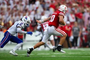 Nebraska Cornhuskers Heinrich Haarberg (10) runs with the ball for a 72 yard touchdown against Louisiana Tech during a college football game in Lincoln, Nebraska, Saturday, September 23, 2023. Photo by John Peterson.