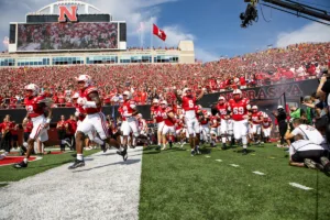 Nebraska Cornhuskers take the field against the Michigan Wolverines during a college football game in Lincoln, Nebraska, Saturday, September 30, 2023. Photo by John Peterson.