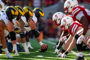 Nebraska Cornhuskers and Michigan Wolverines line up during a college football game in Lincoln, Nebraska, Saturday, September 30, 2023. Photo by John Peterson.