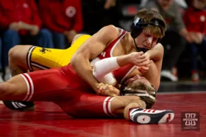 Nebraska Cornhusker Bubba Wilson pins Wyoming Cowboy Kevin Anerson during a college wrestling match on Saturday, January 6, 2024, in Lincoln, Nebraska. Photo by John S. Peterson.