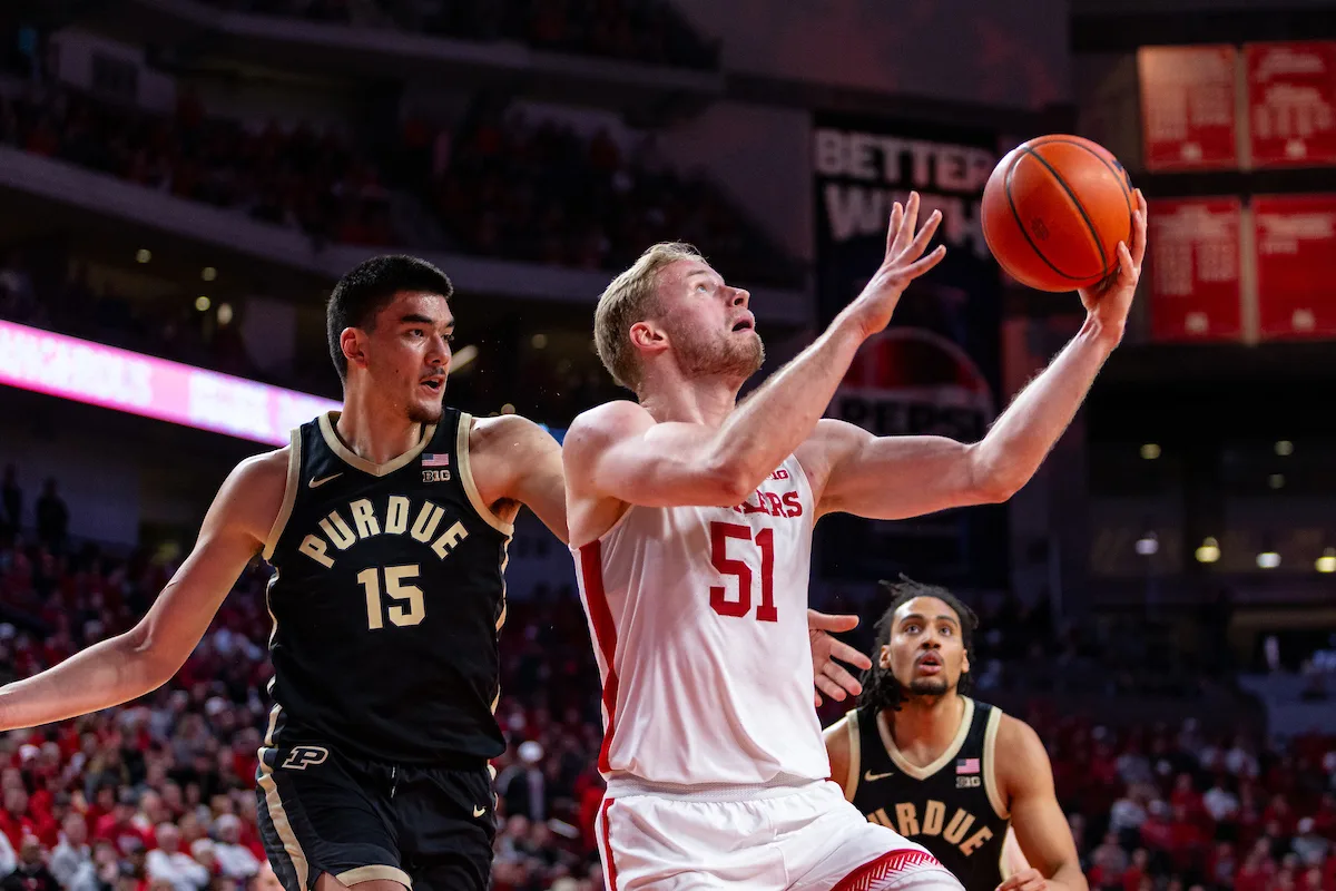 Nebraska Cornhusker forward Rienk Mast (51) makes a lay up against Purdue Boilermaker center Zach Edey (15) in the first half during a college basketball game on January 9, 2024, in Lincoln, Nebraska. Photo by John S. Peterson.
