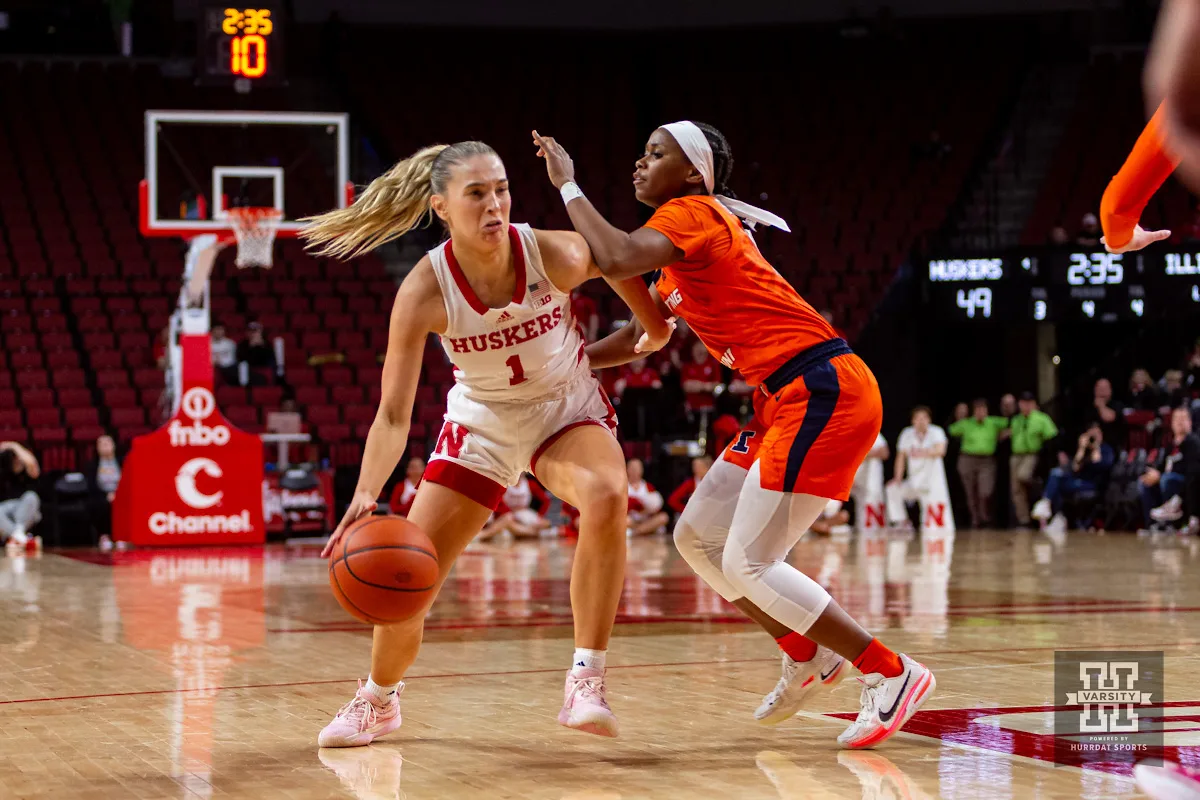 Nebraska Cornhusker guard Jaz Shelley (1) dribbles the ball against Illinois Fighting Illini guard Genesis Bryant (1) in the second half during a college basketball game on Thursday, January 11, 2024, in Lincoln, Nebraska. Photo by John S. Peterson.
