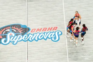 The Omaha Supernovas during a game against against the Las Vegas Thrill at CHI Health Center Arena in Omaha, NE February 7th 2024. Photo by Eric Francis