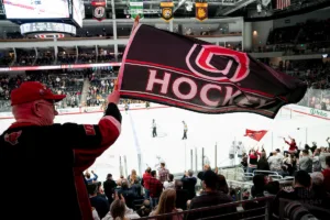 Omaha fans during a game against against the Colorado College at Baxter Arena in Omaha, NE February 23rd 2024. Photo by Eric Francis