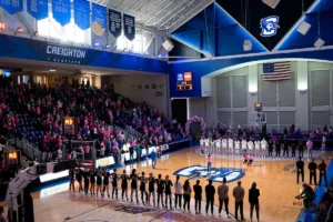 The Creighton Bluejays during a game against against the Villanova Wildcats at Sokol Arena in Omaha, NE February 24th 2024. Photo by Eric Francis