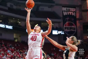 Nebraska Cornhusker center Alexis Markowski (40) makes a basket against Purdue Boilermaker guard Madison Layden (33) in the first half during a college basketball game on Wednesday, January 31, 2024, in Lincoln, Nebraska. Photo by John S. Peterson.
