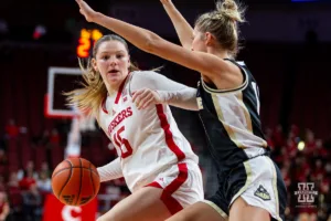 Nebraska Cornhusker guard Kendall Moriarty (15) drive to the basket against the Purdue Boilermakers in the second half during a college basketball game on Wednesday, January 31, 2024, in Lincoln, Nebraska. Photo by John S. Peterson.