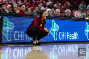 Nebraska Cornhusker head coach Amy Williams watches the action on the court against the Purdue Boilermakers in the second half during a college basketball game on Wednesday, January 31, 2024, in Lincoln, Nebraska. Photo by John S. Peterson.