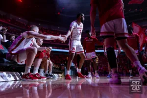 Nebraska Cornhusker guard Brice Williams (3) gives forward Rienk Mast (51) five before taking on the Wisconsin Badgers during a college basketball game on Thursday, February 1, 2024, in Lincoln, Nebraska. Photo by John S. Peterson.