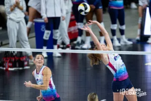 Omaha Supernovas Sydney Hilley (2) sets the ball for Danielle Hart (81) in the third set during a professional volleyball match on Saturday, February 3, 2024, in Omaha, Nebraska. Photo by John S. Peterson.