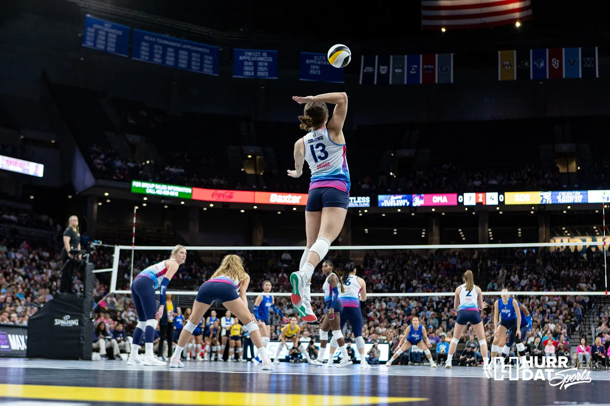 Omaha Supernovas Paige Briggs (13) serves the ball in the first set against the San Diego Mojo during a professional volleyball match on Saturday, February 3, 2024, in Omaha, Nebraska. Photo by John S. Peterson.