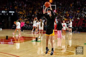 Iowa Hawkeye guard Caitlin Clark (22) warming up to take on the Nebraska Cornhuskers during a college basketball game on Sunday, February 11, 2024, in Lincoln, Nebraska. Photo by John S. Peterson.