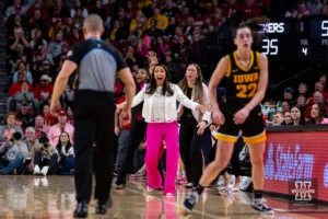 Nebraska Cornhusker head coach Amy Williams reacts to a call in the second half during a college basketball game against the Iowa Hawkeyes on Sunday, February 11, 2024, in Lincoln, Nebraska. Photo by John S. Peterson.