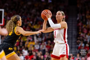 Nebraska Cornhusker guard Jaz Shelley (1) looks to pass against Iowa Hawkeye guard Gabbie Marshall (24) in the first half during a college basketball game on Sunday, February 11, 2024, in Lincoln, Nebraska. Photo by John S. Peterson.