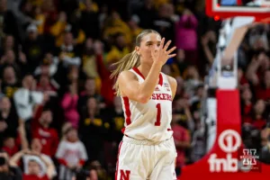 Nebraska Cornhusker guard Jaz Shelley (1) waves her hand in front of her face celebrating a three point shot against the Iowa Hawkeyes during a college basketball game on Sunday, February 11, 2024, in Lincoln, Nebraska. Photo by John S. Peterson.