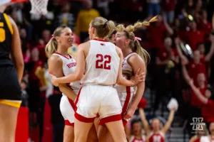 Nebraska Cornhuskers celebrates Jaz Shelley's go ahead three point shot against the Iowa Hawkeyes in the fourth quarter during a college basketball game on Sunday, February 11, 2024, in Lincoln, Nebraska. Photo by John S. Peterson.