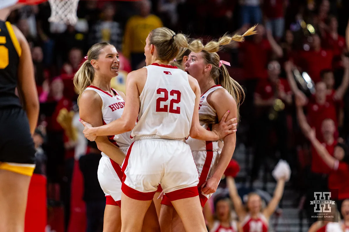 Nebraska Cornhuskers celebrates Jaz Shelley's go ahead three point shot against the Iowa Hawkeyes in the fourth quarter during a college basketball game on Sunday, February 11, 2024, in Lincoln, Nebraska. Photo by John S. Peterson.