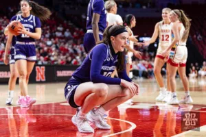 Northwestern Wildcat forward Caileigh Walsh (10) reacts to a foul called on her against the Nebraska Cornhuskers in the second quarter during a college basketball game Tuesday, February 20, 2024, in Lincoln, Neb. Photo by John S. Peterson.