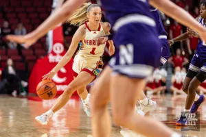 Nebraska Cornhusker guard Jaz Shelley (1) dribbles the ball against the Northwestern Wildcats in the fourth quarter during a college basketball game Tuesday, February 20, 2024, in Lincoln, Neb. Photo by John S. Peterson.