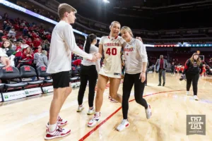 Nebraska Cornhusker center Alexis Markowski (40) and Allison Weidner walk off the court after the win over the Northwestern Wildcats   during a college basketball game Tuesday, February 20, 2024, in Lincoln, Neb. Photo by John S. Peterson.