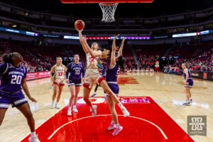 Nebraska Cornhusker forward Natalie Potts (22) makes a basket against the Northwestern Wildcats in the third quarter during a college basketball game Tuesday, February 20, 2024, in Lincoln, Neb. Photo by John S. Peterson.