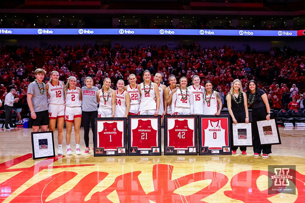 Nebraska Cornhuskers pose for a photos on Senior Night during a college basketball game Saturday, February 24, 2024, in Lincoln, Neb. Photo by John S. Peterson.