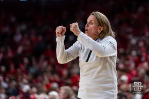 Minnesota Golden Gopher head coach Dawn Plitzuweit reacts to how her team is playing against the Nebraska Cornhuskers in the first half during a college basketball game Saturday, February 24, 2024, in Lincoln, Neb. Photo by John S. Peterson.
