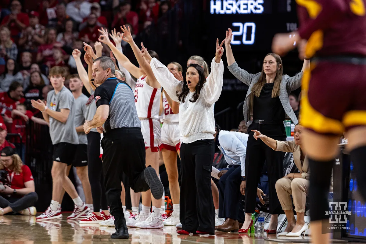 Nebraska Cornhusker head coach celebrates against the Minnesota Golden Gophers in the first half during a college basketball game Saturday, February 24, 2024, in Lincoln, Neb. Photo by John S. Peterson.