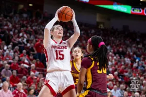 Nebraska Cornhusker guard Kendall Moriarty (15) puts up a lay up against Minnesota Golden Gopher guard Janay Sanders (30) in the first half during a college basketball game Saturday, February 24, 2024, in Lincoln, Neb. Photo by John S. Peterson.