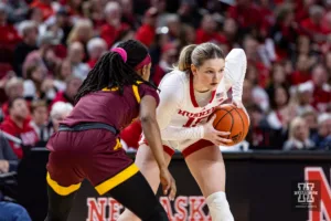 Nebraska Cornhusker guard Kendall Moriarty (15) looks to make a move against the Minnesota Golden Gophers in the first half during a college basketball game Saturday, February 24, 2024, in Lincoln, Neb. Photo by John S. Peterson.